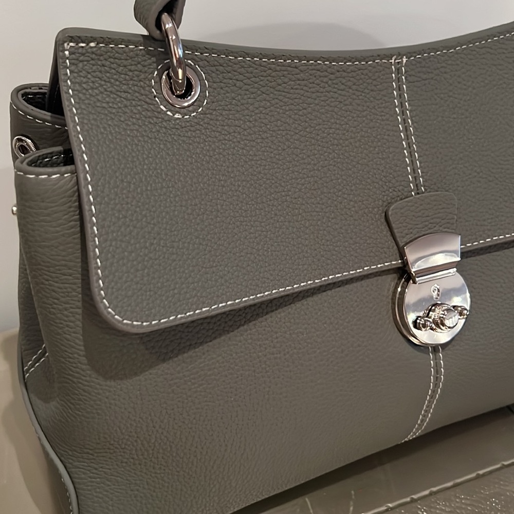 Taupe Grey Real Leather Handbag Tote 12”x8.5”x5” with Handle and Shoulder Strap - Picture 4 of 10